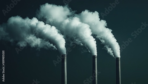 Photo of three smokestacks emitting white clouds of steam, against a dark background, in close-up.