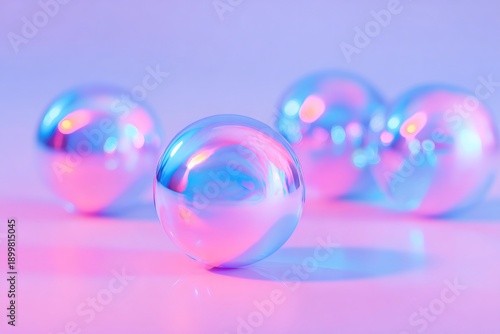 optical illusion art, fisheye perspective flat lay of shiny chrome spheres on a soft gradient background, with bright, even lighting and ample negative space