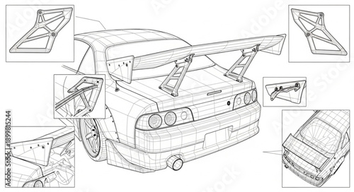Detailed Technical Drawing of a Sports Car Rear Section.