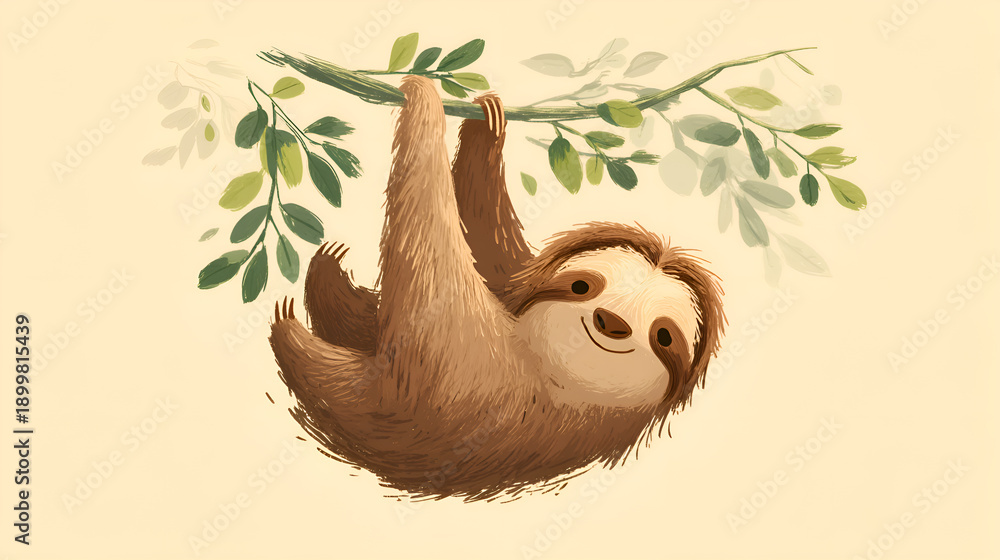 Obraz premium Happy sloth hanging from tree branch enjoying nature