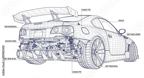 Detailed technical drawing of a sports car rear view.