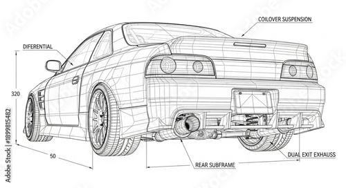 Detailed technical drawing of a sports car rear view.