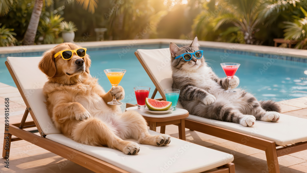 Naklejka premium Funny cat and dog in sunglasses relaxing on sun loungers by pool with colorful cocktails, humorous tropical summer vacation concept