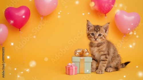 Wallpaper Mural Adorable kitten with gift boxes and heart balloons on yellow background Torontodigital.ca