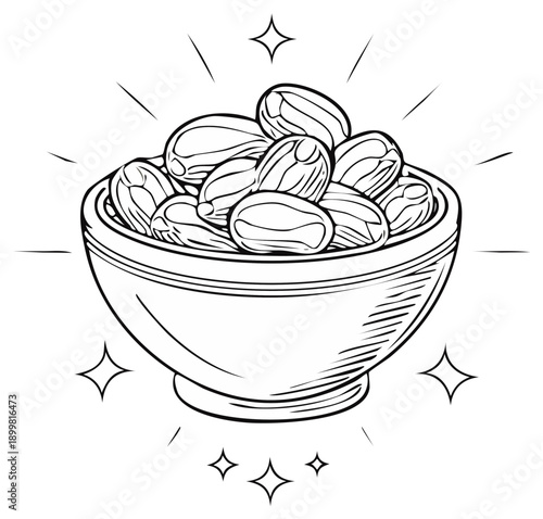 Bowl overflowing with ripe dates, illustration emphasizing Ramadan traditions and Middle Eastern cultural heritage