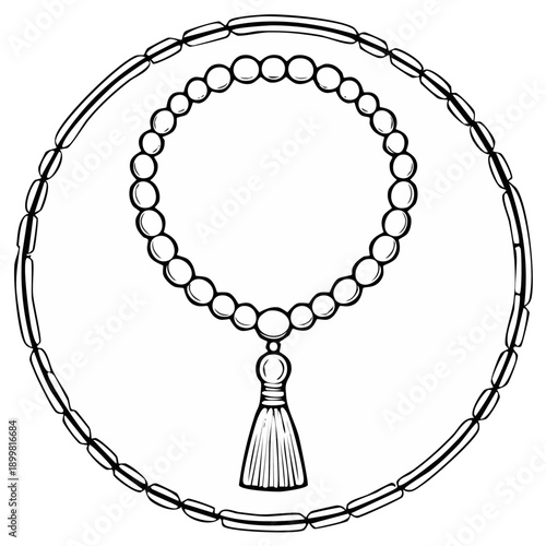 Illustration of prayer beads with tassel within a circular frame on a white background