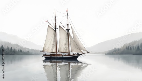 Sailboat glides on calm water, misty mountains and forest background. White sails billow gently, reflecting in still lake. Peaceful journey across serene landscape.