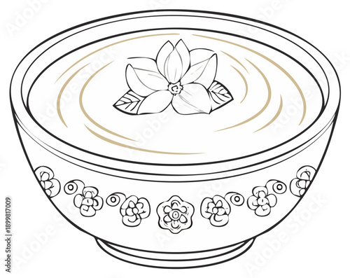 Decorative bowl with creamy dessert, flower garnish and floral border design, vector illustration.