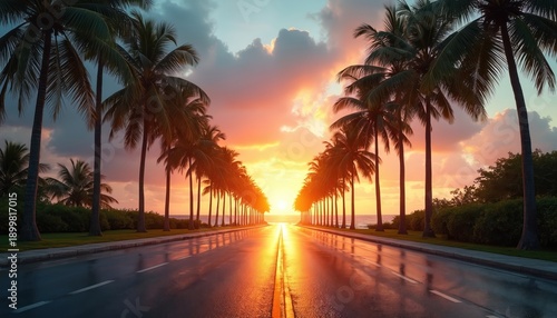 Asphalt road flanked by tall palm trees leads toward bright ocean sunset. Water reflects warm light on wet pavement. Lush green foliage borders path.