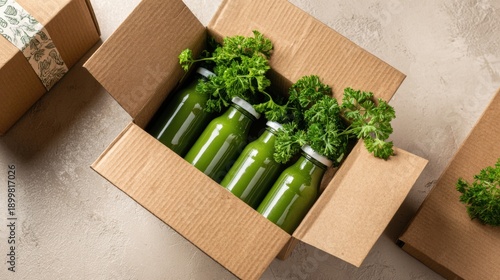 Green juice bottles packed in a cardboard box with fresh parsley, arranged on a textured surface, showcasing healthy beverage options for delivery or retail