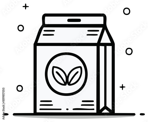 Simple line art illustration of a carton box with a leaf symbol, representing organic product