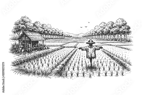 Rural Rice Field Landscape with Scarecrow and Traditional Hut in Vintage Etching Style Vector Illustration Featuring Farming Paddy Field Background.