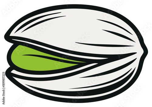 Stylized vector illustration of an open pistachio nut with a vibrant green kernel