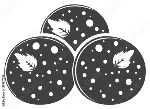 Stacked round desserts with mint leaves and dot decoration, illustration for confectionery and food businesses