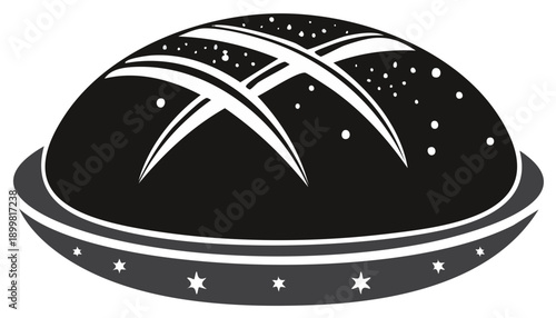 Black Loaf Icon with White Stripes and Star Border, Pastry Design for Bakeshop Menu, Bakery Style Bread Logo or Sticker