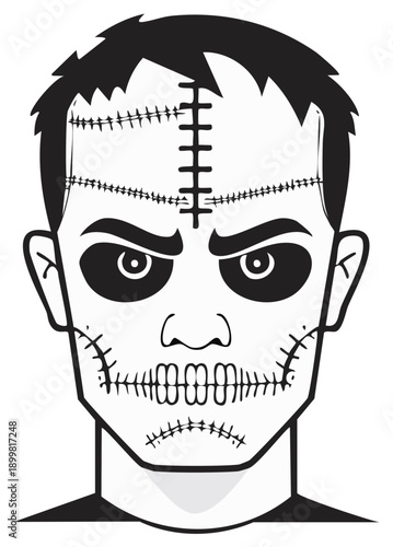 Monster face illustration with stitched skin and angry expression for Halloween decoration