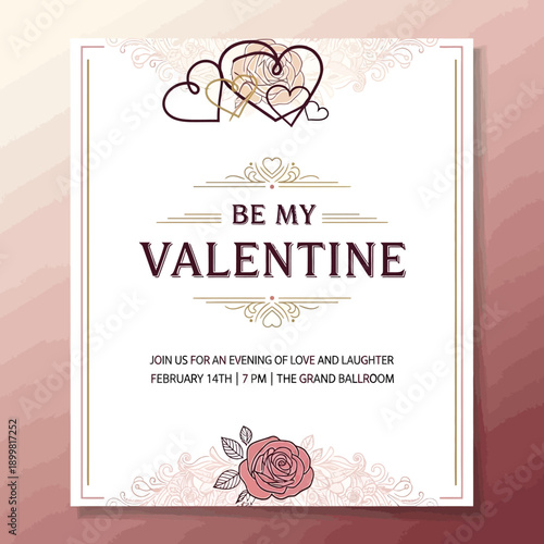 Be My Valentine invitation with ornate border, hearts, and rose graphic
