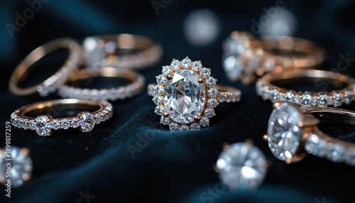 Collection of luxurious diamond rings arranged on dark velvet surface. Featuring various styles of engagement wedding bands and statement jewelry pieces glistening with sparkle.