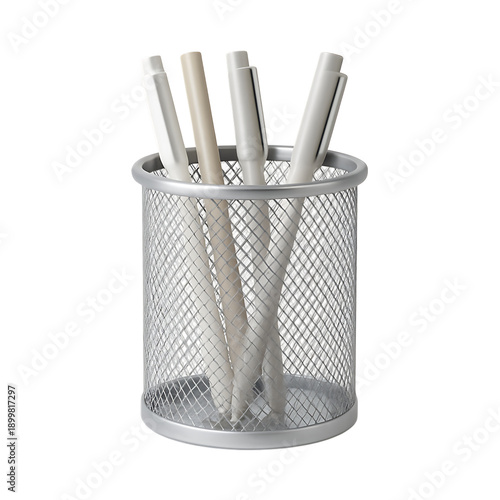 Metal mesh desk pen holder with white pens isolated on transparent background