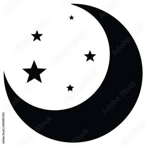 Crescent moon and stars in a clear night sky simple graphic design