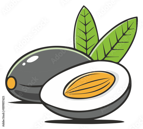 Jambul fruits with green leaves isolated composition featuring halved fruit showing the seed and pulp in cartoon style