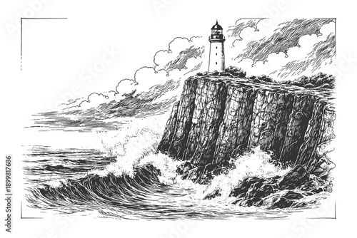 Majestic Lighthouse on a Rocky Cliff Overlooking Crashing Ocean Waves in Vintage Etching Style Vector Illustration Nautical Coastal Landscape.