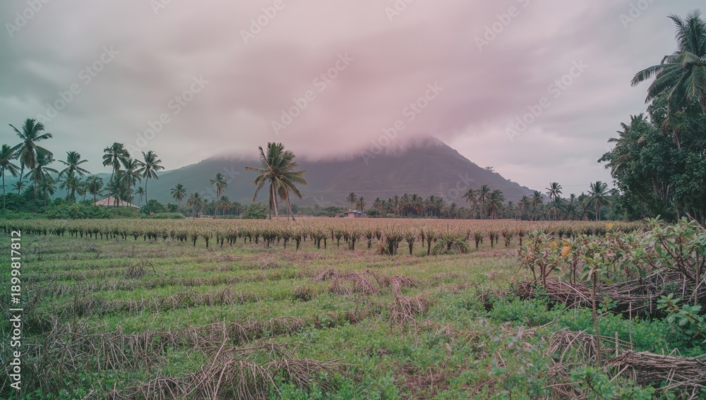 Obraz premium Clouds Cover a Mountain With Palm Trees and Fields in the Afternoon Light