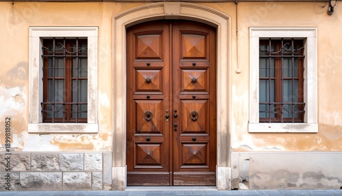 Wooden door framed by windows in a textured yellow wall