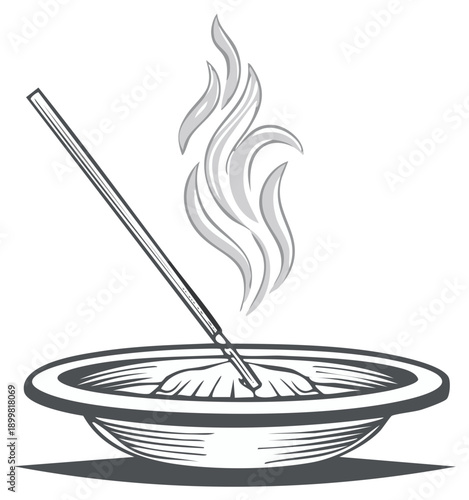 Aromatic Incense Stick Burning in Bowl, Spiritual Meditation, Relaxation Aroma, Serenity and Wellbeing Illustration