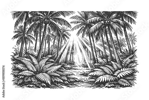 Tropical Coconut Palm Tree Forest with Sun Rays Beaming Through Foliage in Vintage Hand Drawn Engraving Style Vector Illustration Scenic Landscape.