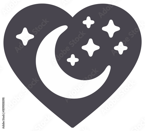 Heart shape with crescent moon and stars symbol romantic night sky theme
