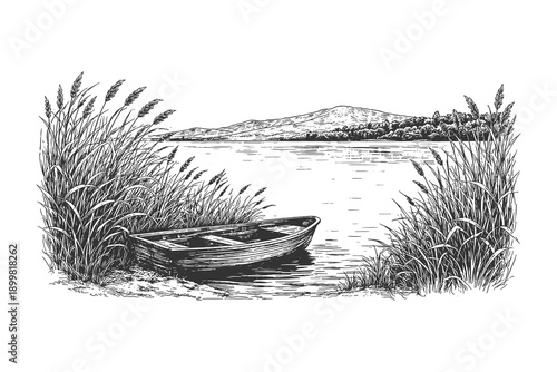 Vintage Hand Drawn Engraving Style Vector Illustration of a Small Rowboat Moored at a Serene Lake Shore with Reeds and Distant Hills Background.