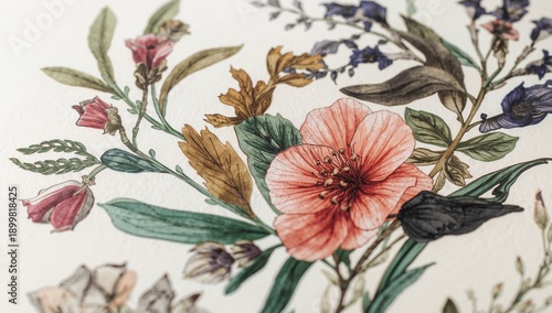 Floral Illustration Showing Various Plants and Flowers on a Light Background ...