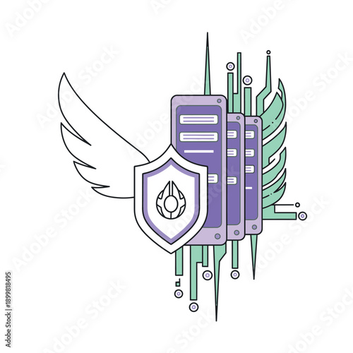 Protected Server Hosting Illustration: Cybersecurity Shield with Wings for Data Security and Cloud Computing Defense