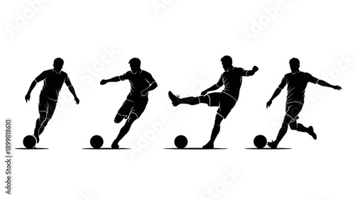 Silhouetted soccer player in various actions on the field, dynamic movement and kicking poses captured from a front viewpoint.