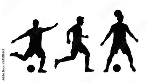 Silhouetted soccer players in action, dribbling, and kicking the ball with dynamic movement