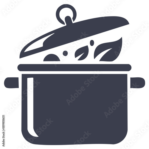 Kitchen cooking pot with lid and healthy food ingredients steam preparing meal icon