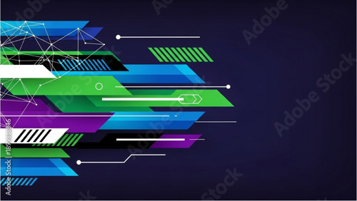 Abstract geometric shapes and lines intersecting on a dark blue background from a straightforward viewpoint illustrating technology and graphic design concepts