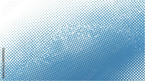Gradual transition of blue dots on a gradient background from dense to sparse, creating a halftone effect, viewed from directly above