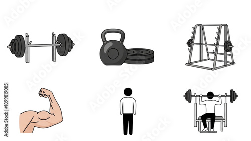A person working out with various gym equipment and weights from a straightforward viewpoint