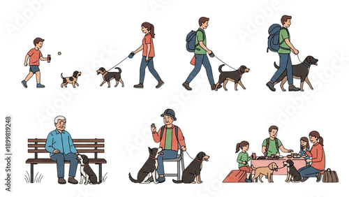 People walking dogs in a park, a serene outdoor scene from a high viewpoint