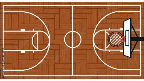 Top view of a basketball court with markings and a hoop on a wooden floor