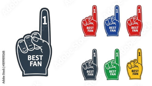 Collection of colorful foam hands with 'Best Fan' text and number one gesture, illustrations for sports events