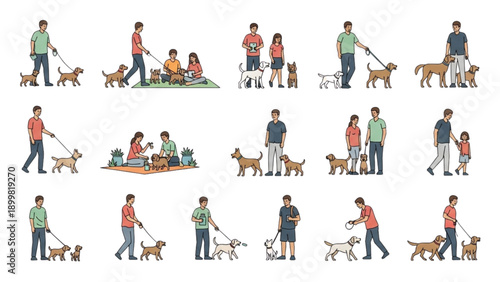 People walking dogs together in various scenarios and environments viewed from the side