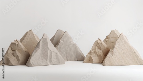 Sculptures of Mountains Arranged on a Flat Surface for Display in an Indoor S...