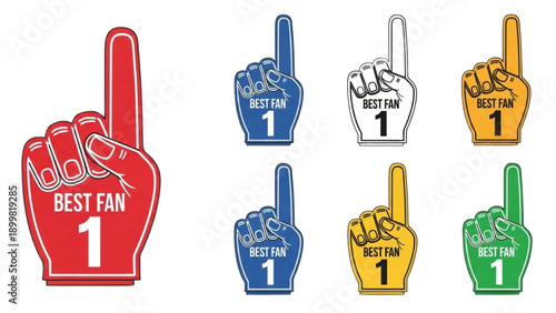 Collection of colorful foam fingers for sports fans, representing enthusiasm and team spirit, displayed together on a plain surface
