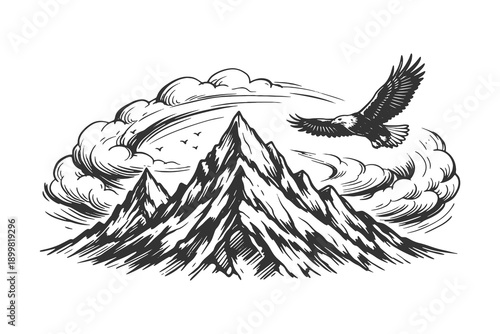 Vintage Hand Drawn Engraving Style Vector Illustration of a Majestic Mountain Peak with Soaring Eagle and Clouds in a Dramatic Nature Landscape Background.