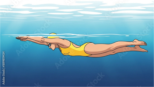 Female swimmer gliding underwater in a yellow swimsuit, viewed from the side in a serene aquatic environment