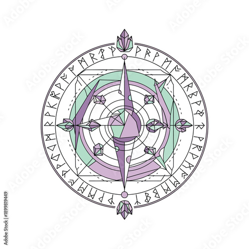 Modern Geometric Compass Rose with Rune Circle. Esoteric Line Art Sigil, Magic Symbol, and Crystal Elements on White Background.