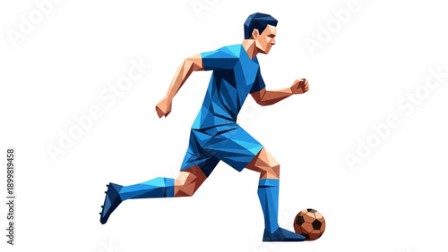 A male soccer player in blue uniform kicks a ball with dynamic motion captured from a side viewpoint